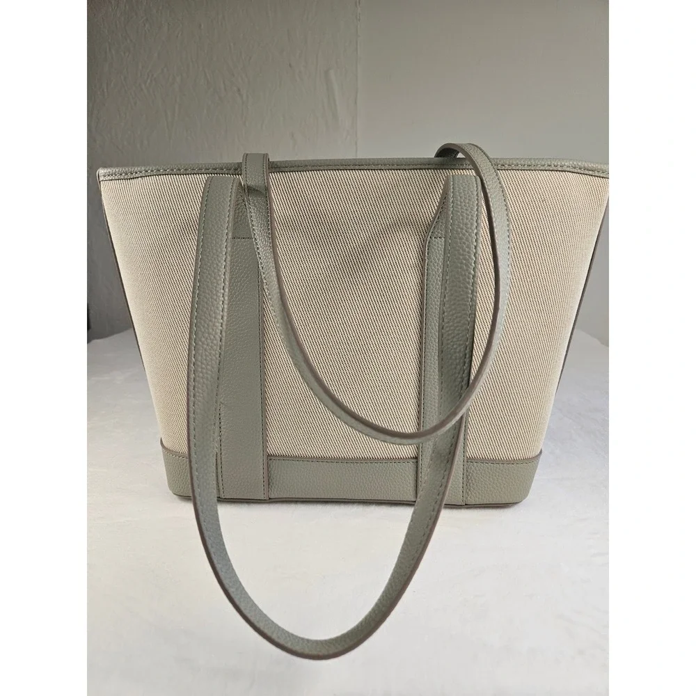 Nanette Lepore Canvas Tote Bag Sage Green Pebbled Trim Shoulder Bag Gold Hardwar - Picture 3 of 11
